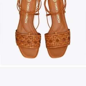 Tory Burch Basketweave Espadrille Lace Up Tan Woven Sandals